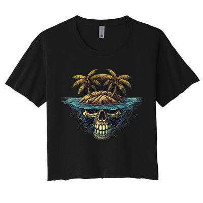 Cool Island Palm Trees Skull Beach Pirate Nautical Crop Top