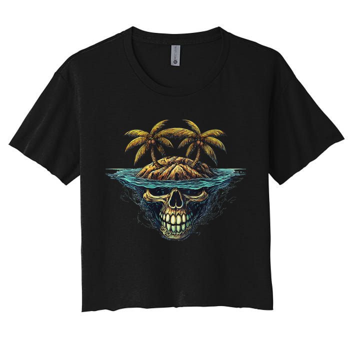 Cool Island Palm Trees Skull Beach Pirate Nautical Crop Top