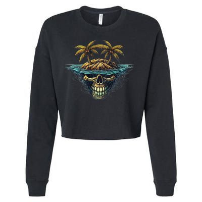 Cool Island Palm Trees Skull Beach Pirate Nautical Cropped Pullover Crew