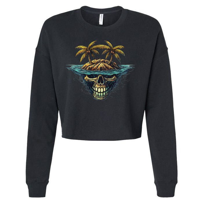 Cool Island Palm Trees Skull Beach Pirate Nautical Cropped Pullover Crew