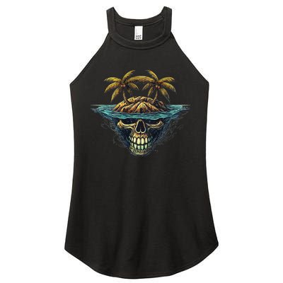 Cool Island Palm Trees Skull Beach Pirate Nautical Women's Perfect Tri Rocker Tank