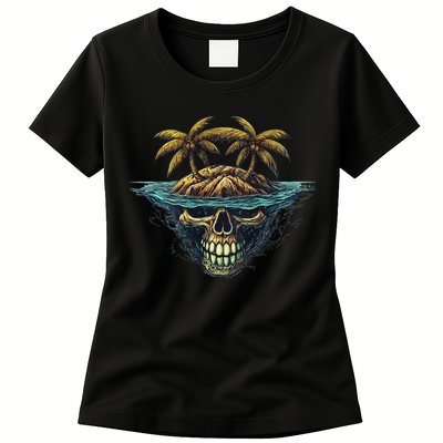 Cool Island Palm Trees Skull Beach Pirate Nautical Womens T-Shirt