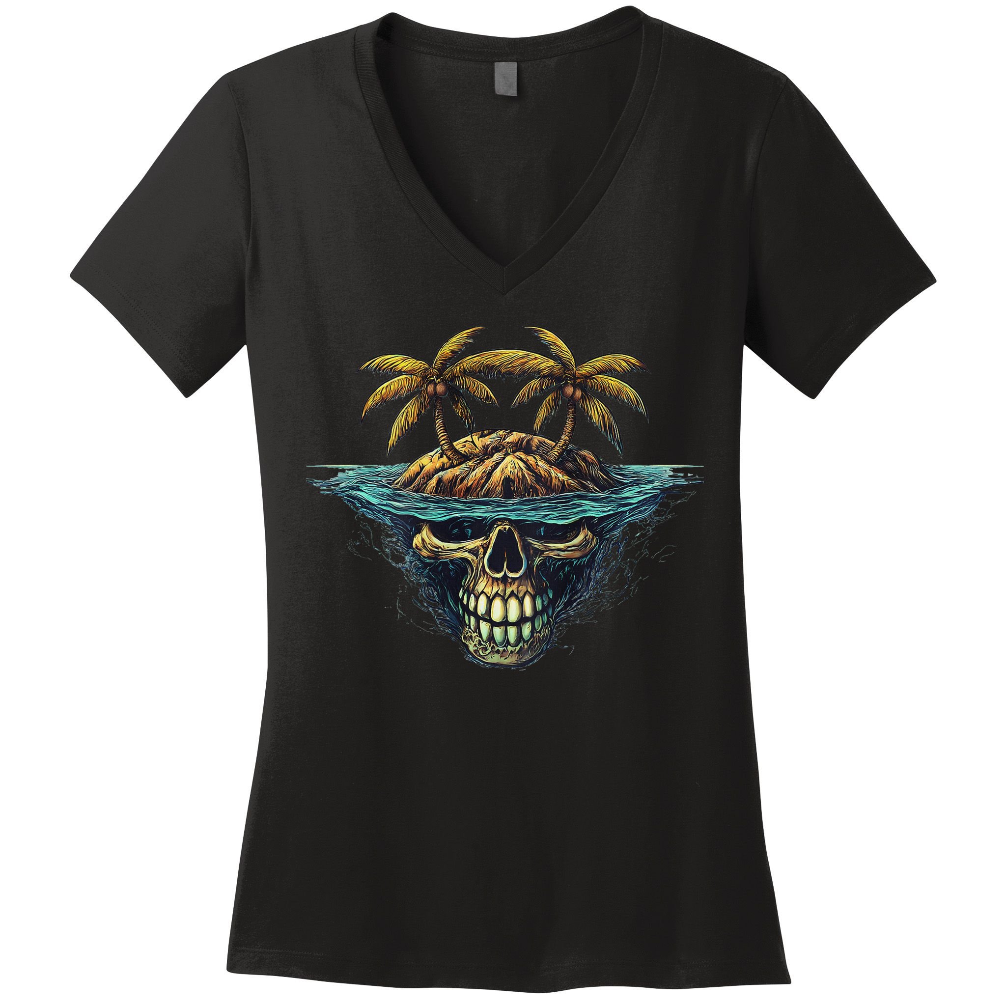 Cool Island Palm Trees Skull Beach Pirate Nautical Women's V-Neck T-Shirt
