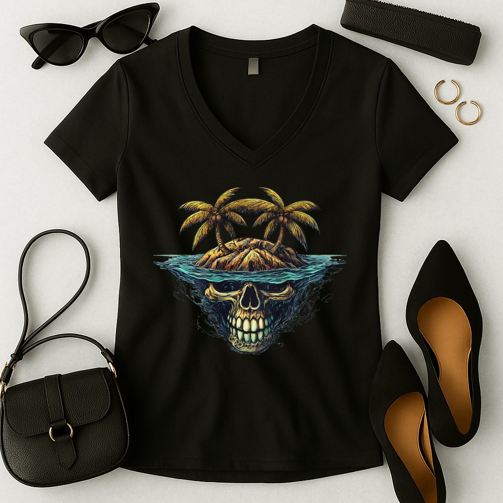 Cool Island Palm Trees Skull Beach Pirate Nautical Women's V-Neck T-Shirt