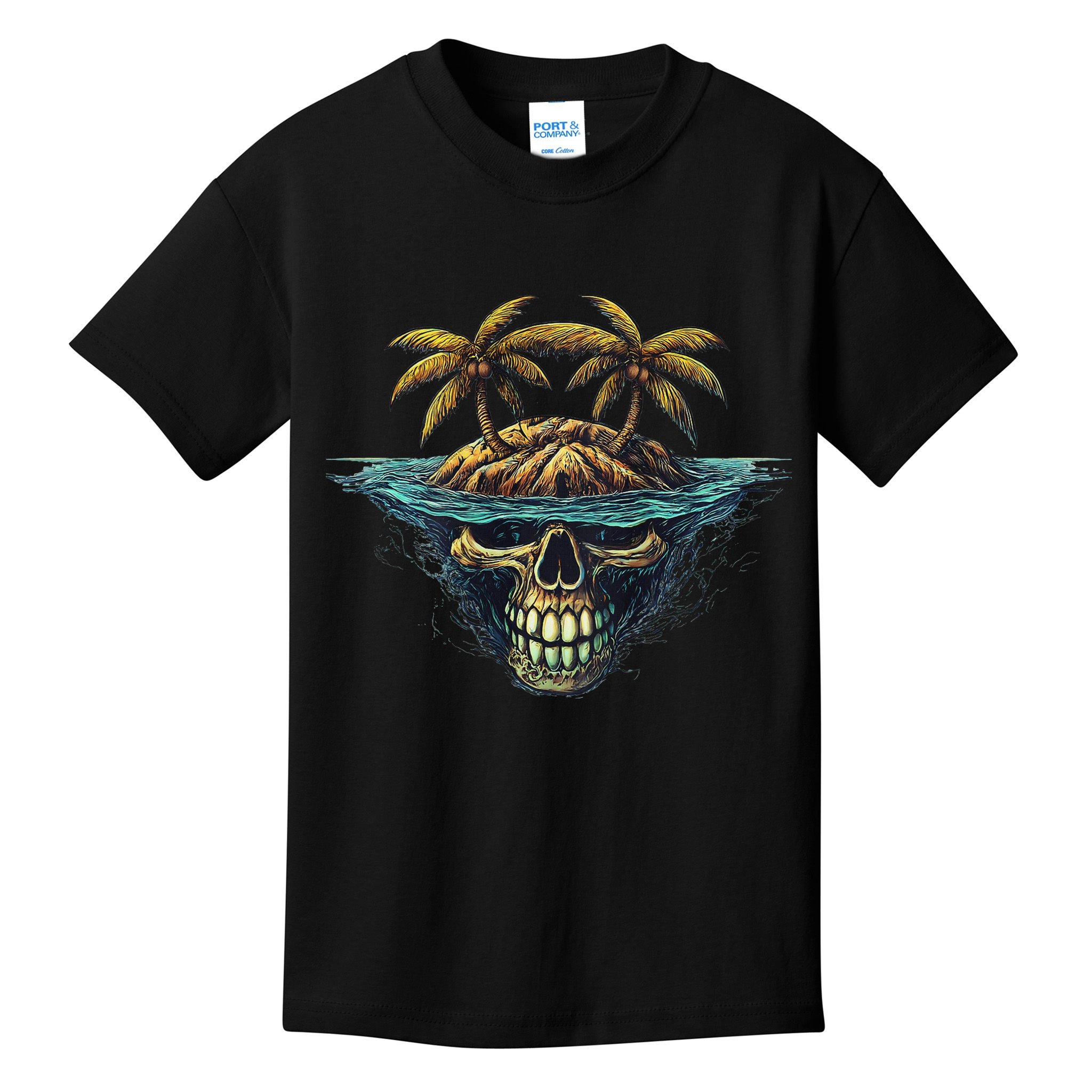 Cool Island Palm Trees Skull Beach Pirate Nautical Kids T-Shirt