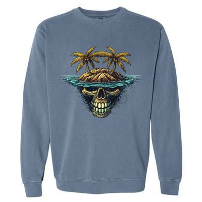 Cool Island Palm Trees Skull Beach Pirate Nautical Garment-Dyed Sweatshirt