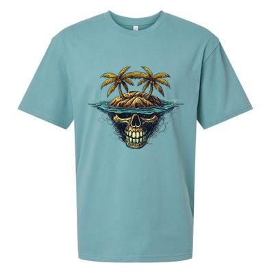 Cool Island Palm Trees Skull Beach Pirate Nautical Sueded Cloud Jersey T-Shirt