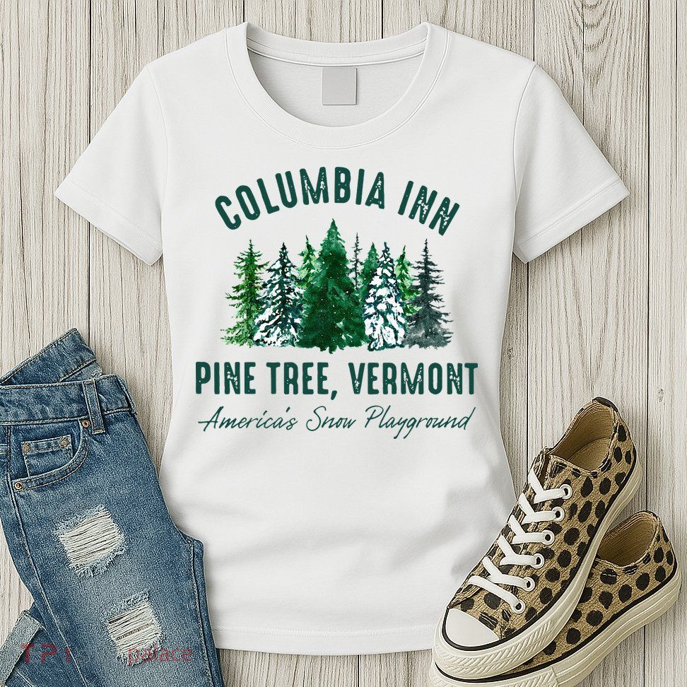 Columbia Inn Pine Tree Vermont Merry Christmas Womens T-Shirt