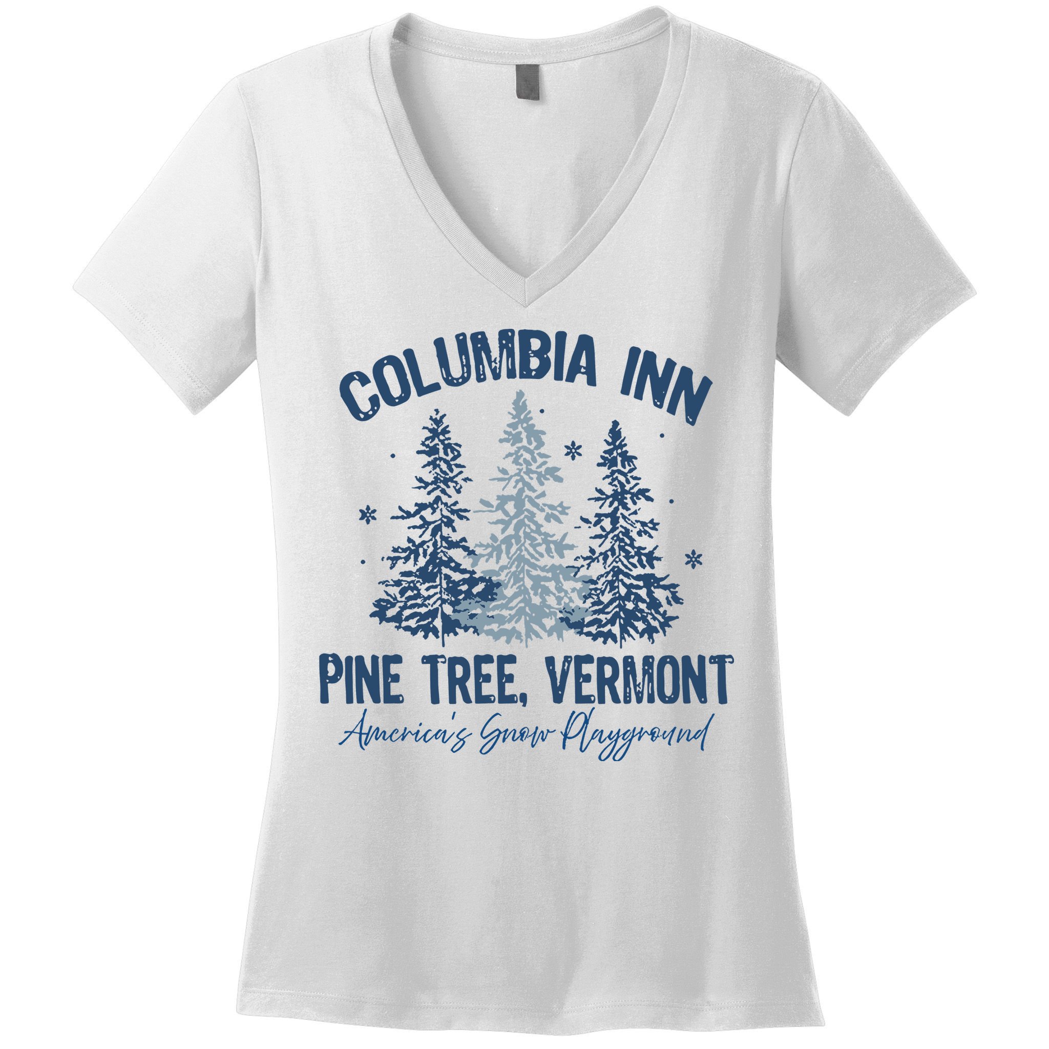 Columbia Inn Pine Tree Vermont Always A White Christmas Women's V-Neck T-Shirt