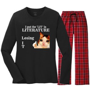 Cat I Put The Lit In Literature Losing It Women's Long Sleeve Flannel Pajama Set 