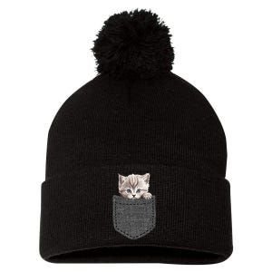 Cat In Pocket Pom Pom 12in Knit Beanie