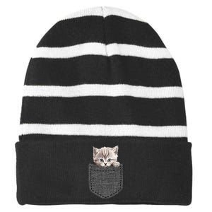 Cat In Pocket Striped Beanie with Solid Band