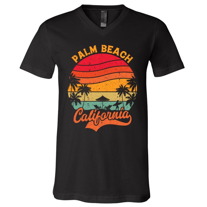 California Island Palm Beach Surfboard Surf Retro Vintage V-Neck T-Shirt