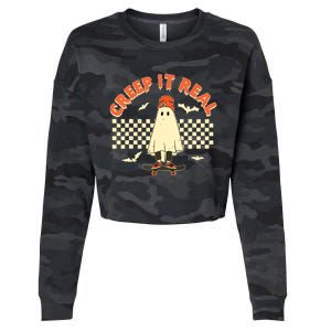 Creep It Real Skateboarding Ghost Retro Halloween Costume Cropped Pullover Crew