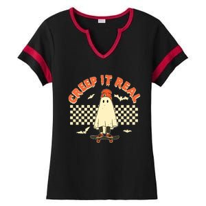 Creep It Real Skateboarding Ghost Retro Halloween Costume Ladies Halftime Notch Neck Tee