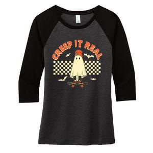 Creep It Real Skateboarding Ghost Retro Halloween Costume Women's Tri-Blend 3/4-Sleeve Raglan Shirt