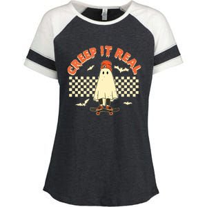 Creep It Real Skateboarding Ghost Retro Halloween Costume Enza Ladies Jersey Colorblock Tee