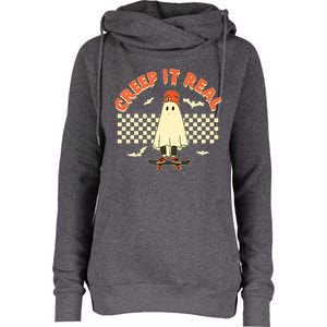 Creep It Real Skateboarding Ghost Retro Halloween Costume Womens Funnel Neck Pullover Hood