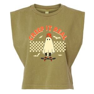 Creep It Real Skateboarding Ghost Retro Halloween Costume Garment-Dyed Women's Muscle Tee