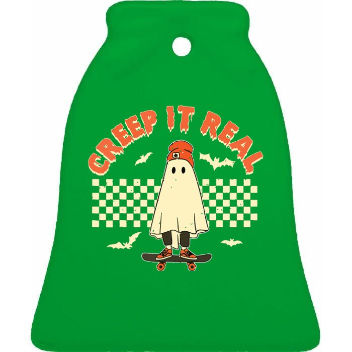 Creep It Real Skateboarding Ghost Retro Halloween Costume Ceramic Bell Ornament