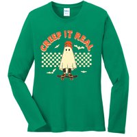 Creep It Real Skateboarding Ghost Retro Halloween Costume Ladies Long Sleeve Shirt