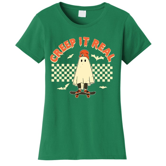 Creep It Real Skateboarding Ghost Retro Halloween Costume Women's T-Shirt