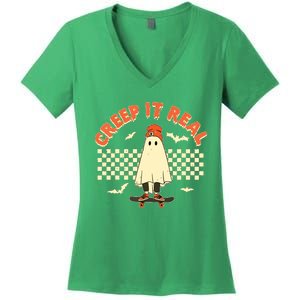 Creep It Real Skateboarding Ghost Retro Halloween Costume Women's V-Neck T-Shirt