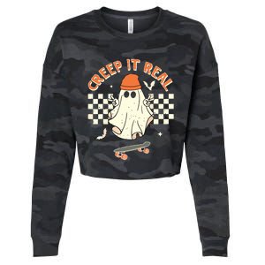 Creep It Real Skateboarding Ghost Retro Halloween Costume Cropped Pullover Crew