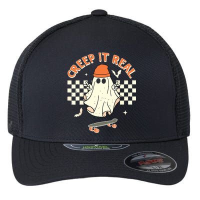 Creep It Real Skateboarding Ghost Retro Halloween Costume Flexfit Unipanel Trucker Cap