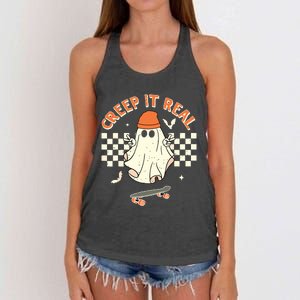 Creep It Real Skateboarding Ghost Retro Halloween Costume Women's Knotted Racerback Tank