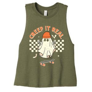 Creep It Real Skateboarding Ghost Retro Halloween Costume Women's Racerback Cropped Tank