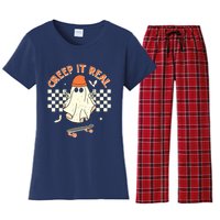 Creep It Real Skateboarding Ghost Retro Halloween Costume Women's Flannel Pajama Set