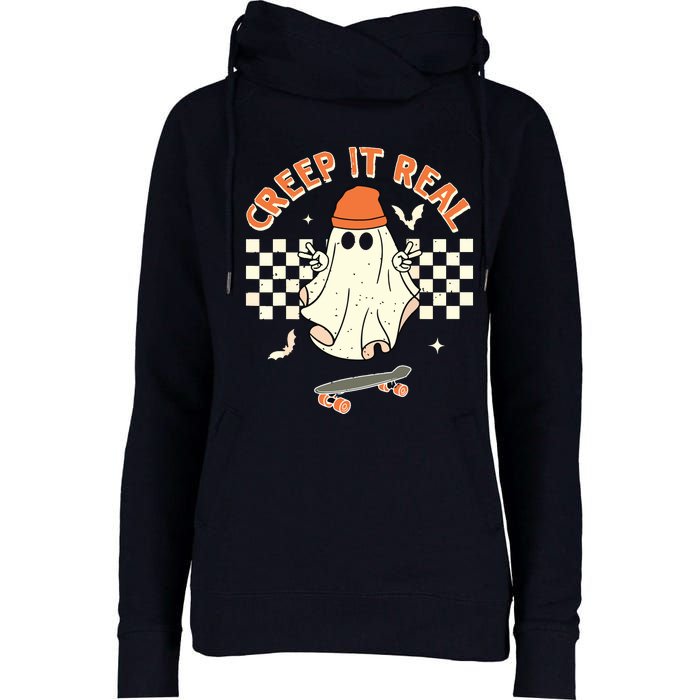 Creep It Real Skateboarding Ghost Retro Halloween Costume Womens Funnel Neck Pullover Hood