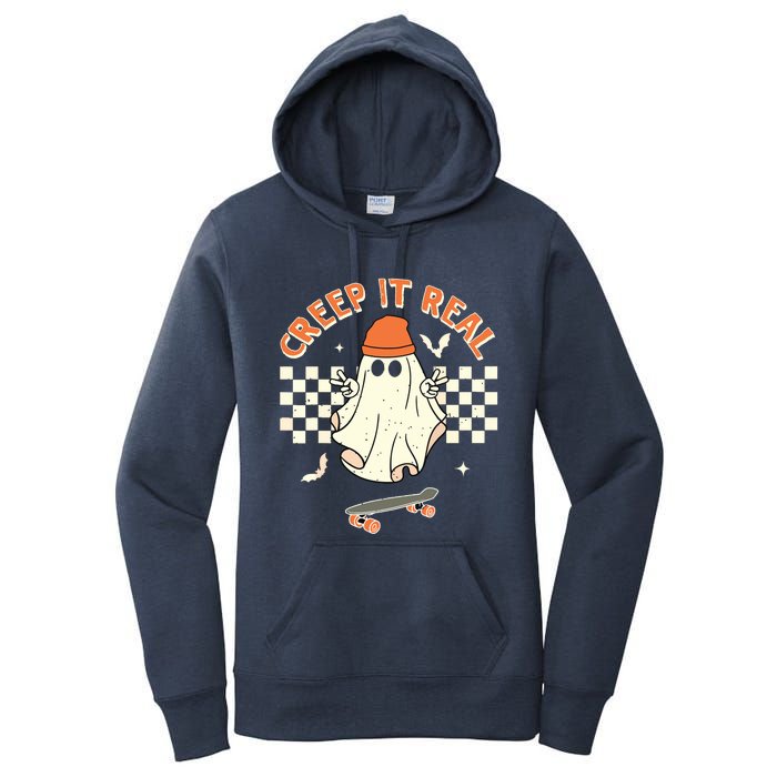 Creep It Real Skateboarding Ghost Retro Halloween Costume Women's Pullover Hoodie