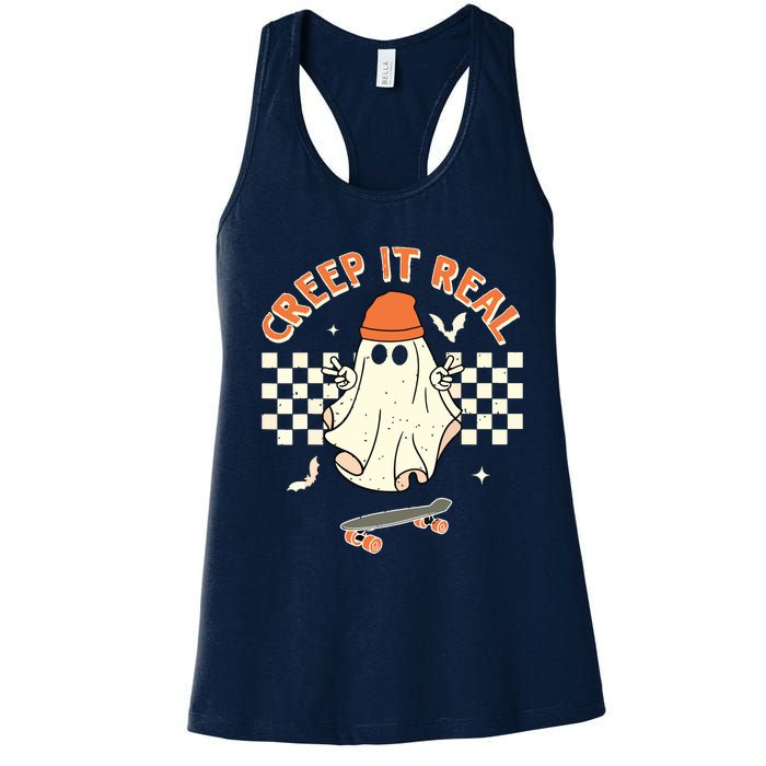 Creep It Real Skateboarding Ghost Retro Halloween Costume Women's Racerback Tank