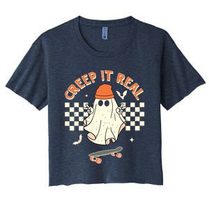 Creep It Real Skateboarding Ghost Retro Halloween Costume Women's Crop Top Tee