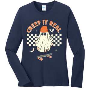 Creep It Real Skateboarding Ghost Retro Halloween Costume Ladies Long Sleeve Shirt