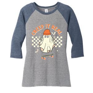 Creep It Real Skateboarding Ghost Retro Halloween Costume Women's Tri-Blend 3/4-Sleeve Raglan Shirt