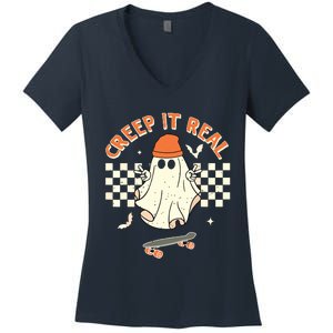 Creep It Real Skateboarding Ghost Retro Halloween Costume Women's V-Neck T-Shirt