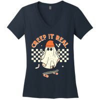 Creep It Real Skateboarding Ghost Retro Halloween Costume Women's V-Neck T-Shirt