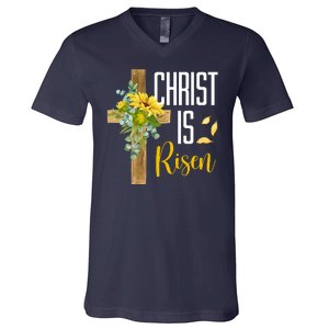 Christ Is Risen Sunflower Cross Easter V-Neck T-Shirt