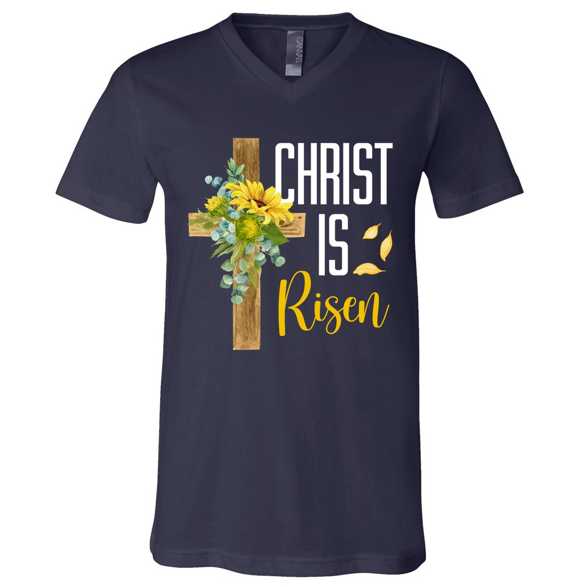 Christ Is Risen Sunflower Cross Easter V-Neck T-Shirt