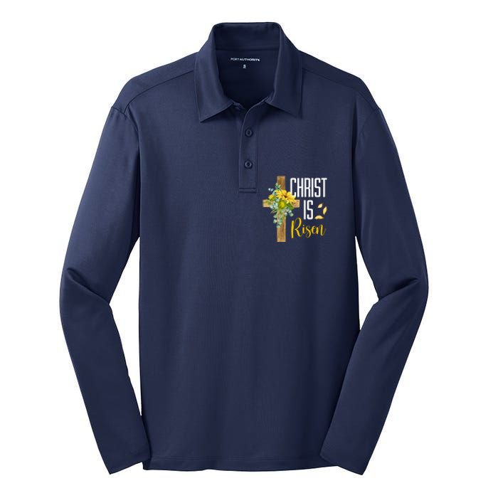 Christ Is Risen Sunflower Cross Easter Silk Touch Performance Long Sleeve Polo