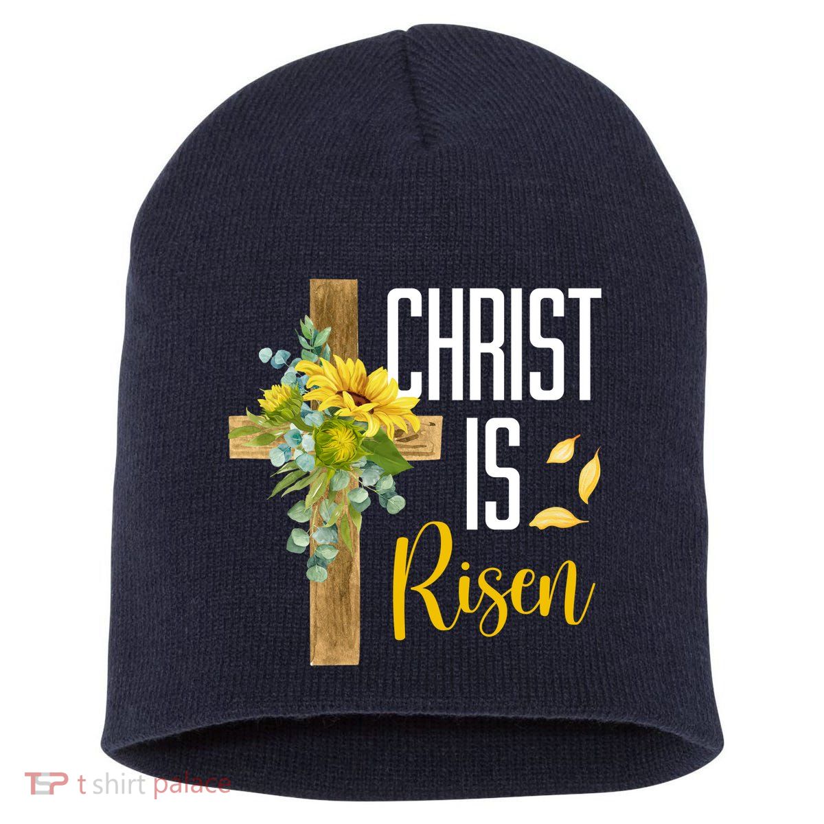 Christ Is Risen Sunflower Cross Easter Short Acrylic Beanie