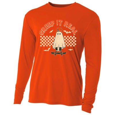 Creep It Real Skateboarding Ghost Retro Halloween Costume Cooling Performance Long Sleeve Crew