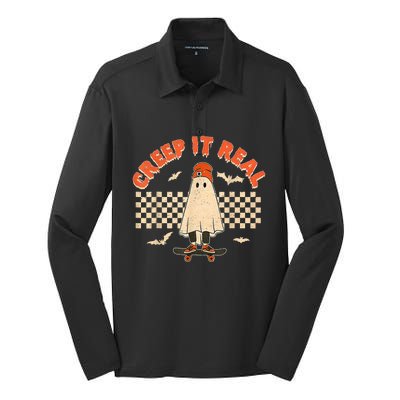 Creep It Real Skateboarding Ghost Retro Halloween Costume Silk Touch Performance Long Sleeve Polo