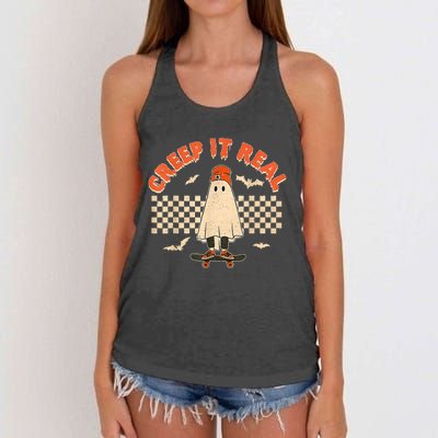 Creep It Real Skateboarding Ghost Retro Halloween Costume Women's Knotted Racerback Tank