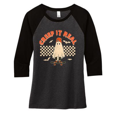 Creep It Real Skateboarding Ghost Retro Halloween Costume Women's Tri-Blend 3/4-Sleeve Raglan Shirt