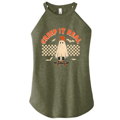 Creep It Real Skateboarding Ghost Retro Halloween Costume Women’s Perfect Tri Rocker Tank