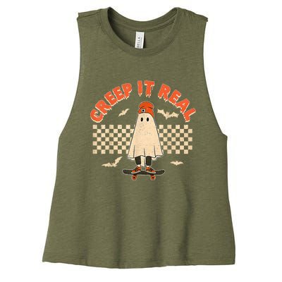 Creep It Real Skateboarding Ghost Retro Halloween Costume Women's Racerback Cropped Tank